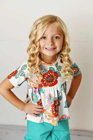 Oopsie Daisy Kids Groovy Teal Floral Ruffle Spring Pocket Short Set