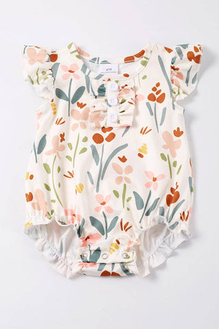 Honeydew Beige Floral Print Ruffle Baby Romper