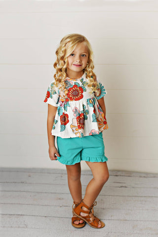 Oopsie Daisy Kids Groovy Teal Floral Ruffle Spring Pocket Short Set