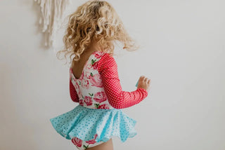 Leo Luvs Shiny Flare Skirt Rose Teal Leotard