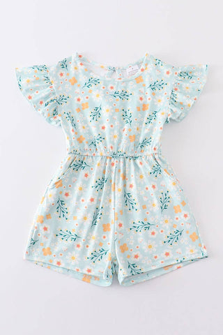 Honeydew blue floral print ruffle jumpsuit