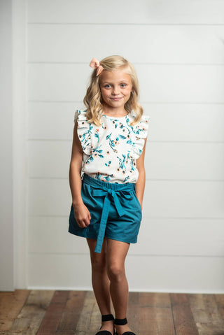 Oopsie Daisy Kids White & Teal Floral Ruffle Spring Summer Short Set