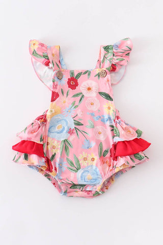 Honeydew pink floral ruffle baby romper